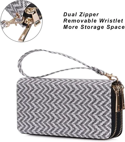 Vista 4 de Cartera de teléfono celular para mujer con doble cremallera y correa de muñeca extraíble