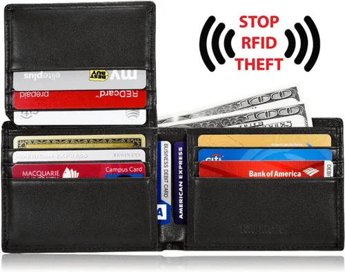 Vista 2 de KALMOR Cartera de cuero plegable con bloqueo RFID para hombre con ventana de identificación
