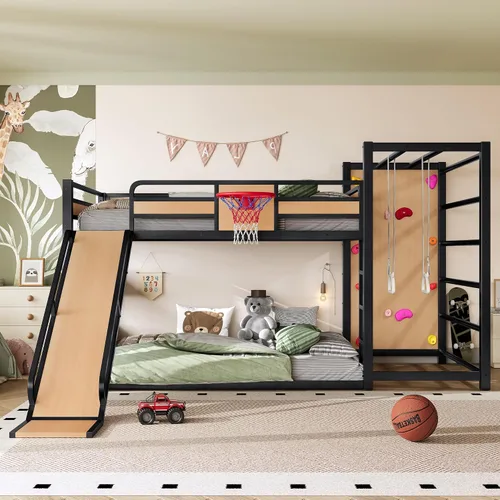 Vista 17 de Cama tipo loft de metal individual con estanterías deslizantes y de almacenamiento, marco de cama de metal resistente con aro de baloncesto, anillos