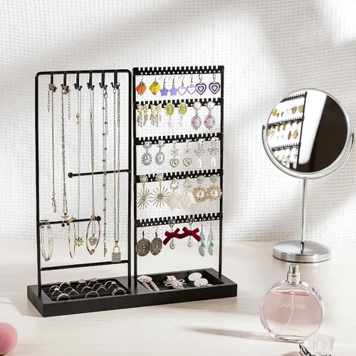 Vista 2 de Vtopmart Soporte organizador de joyas para aretes, collares, anillos, pulseras, exhibición y almacenamiento, con 90 agujeros, 12 ganchos, bandeja