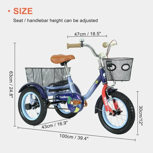 Vista 2 de Triciclo de 12 pulgadas, triciclo para niños, triciclo para niños, para edades 3+ ciclistas principiantes, con cesta delantera y trasera y asiento