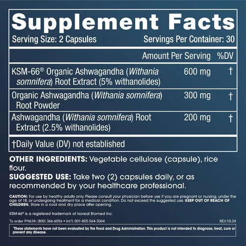 Vista 2 de ProHealth Ashwagandha Suplemento 60 cápsulas, extracto orgánico de raíz y polvo, Ashwagandha para mujeres y hombres, apoya el estrés y el sueño