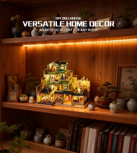 Vista 4 de Roroom Kit de casa de muñecas en miniatura y muebles, modelo de casa de muñecas de madera 3D con cubierta antipolvo y movimiento musical, idea