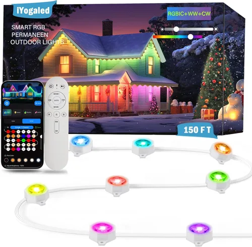 Vista 10 de iYogaled Luces exteriores permanentes para casa, 50 pies de luces de borde exterior inteligentes RGB con 63 modos de escena, luces LED impermeables