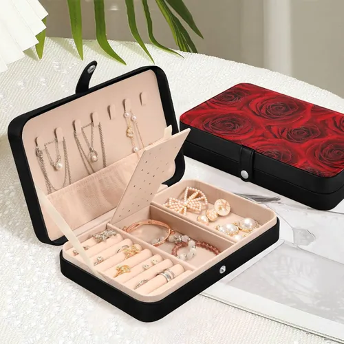 Vista 5 de WELLDAY Joyero portátil de viaje, organizador de joyas romántico, rosa roja, estuche de viaje para collares, aretes, anillos, pulseras