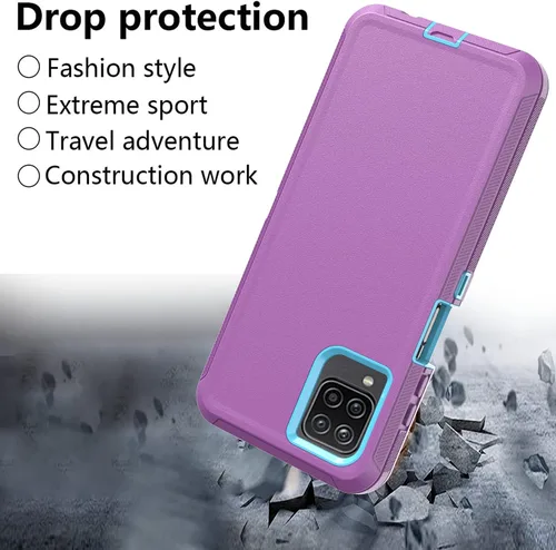 Vista 4 de Funda resistente para Samsung Galaxy A12, con clip, a prueba de golpes y caídas, a prueba de polvo, morado y azul cielo