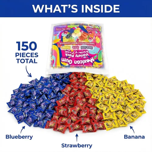 Vista 4 de Don Turinos - Paquete variado de chicles mexicanos, 150 unidades. Auténticos sabores de frutas de chicle, plátano, fresa y arándano, por Don Turinos