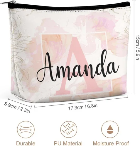 Vista 2 de Bolsa de maquillaje personalizada del alfabeto A-Z, con monograma floral, bolsa de cosméticos con nombre personalizado, bolsa de maquillaje pequeña