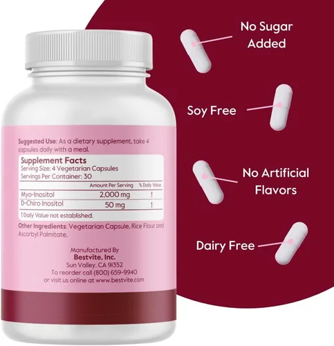 Vista 3 de BESTVITE Myo & D-Chiro Inositol (120 cápsulas vegetarianas) - Proporción 40:1 - Sin estearatos - Vegano - Sin OMG - Sin gluten