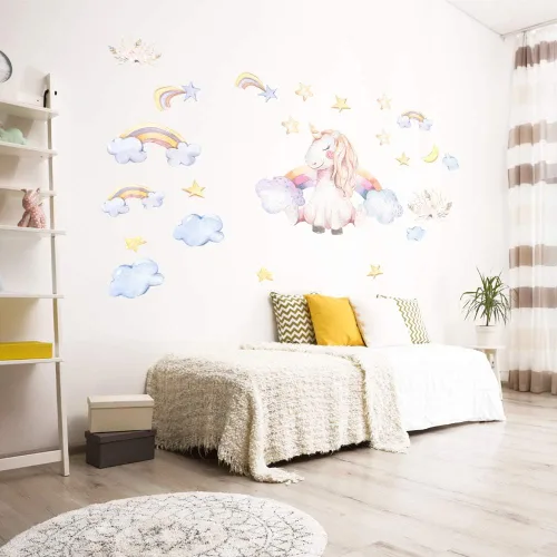 Vista 3 de Lindas calcomanías de pared de unicornio, decoración de pared de gran tamaño de 15.35 x 15.75 pulgadas para dormitorio de niñas, niños, sala