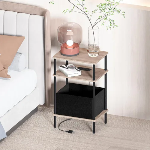 Vista 2 de Mesa auxiliar pequeña con estación de carga, mesa auxiliar para espacios pequeños, mesita de noche delgada con tomacorriente, sofá junto a la mesa