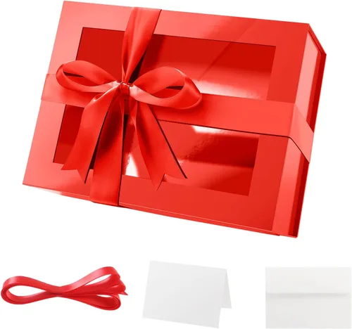 Vista 9 de PACKQUEEN Caja de regalo grande negra con ventana, 13.5 x 9 x 4.1 pulgadas, caja de regalo transparente para regalo, contiene cinta, tarjeta, caja