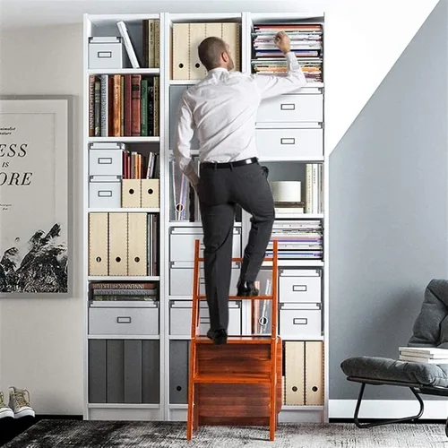 Vista 3 de Silla plegable de madera para biblioteca, 2 en 1, taburete multifuncional ligero y portátil, taburete de 4 escalones de doble propósito, soporte
