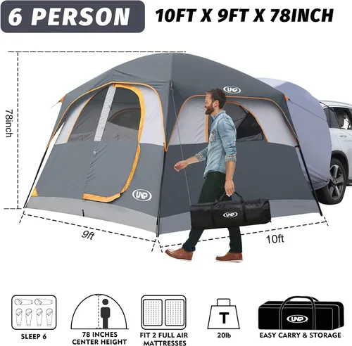Vista 2 de UNP Tienda de campaña SUV para acampar, tienda de campaña SUV para 6 personas con portón trasero - fácil instalación con sobretecho, 10'x9'x78in(H)