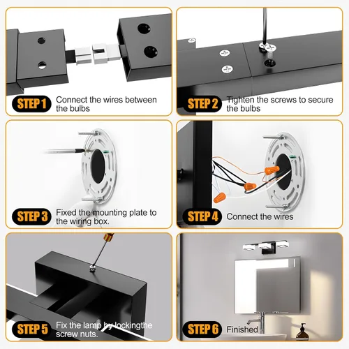 Vista 6 de Lámparas LED modernas para baño, 3 luces regulables con 5 modos de color, accesorios de iluminación de pared de baño acrílico negro mate sobre