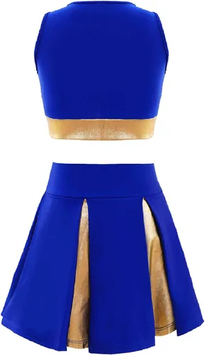 Vista 2 de winying Disfraz de animadora para niñas, 2 piezas, top corto sin mangas con cuchillo, minifalda plisada, conjunto de uniforme