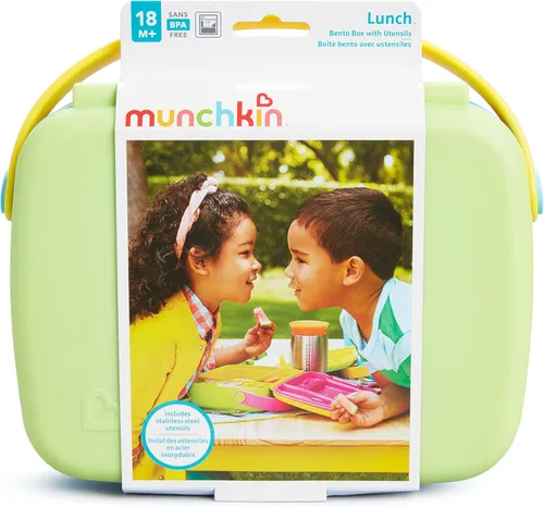 Vista 10 de Munchkin - Lonchera Bento para niños y bebés, incluye utensilios de acero inoxidable, sin BPA, para 18 meses en adelante, Azul/Verde/Amarillo