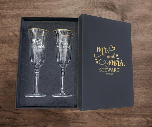 Vista 54 de Juego de 2 copas de champán personalizadas para boda grabadas con caja - Bride & Groom's Wedding Toast