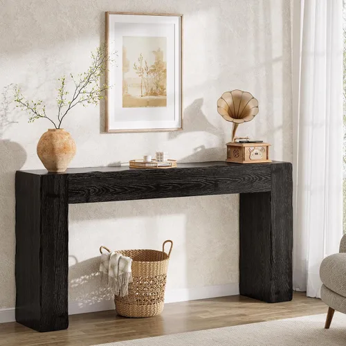 Vista 6 de Mesa Consola de Madera Maciza, Mesa de Sofá Estilo Granja de 63 Pulgadas Detrás del Sofá para Entrada, Sala de Estar, Vestíbulo, Fácil Montaje Negro