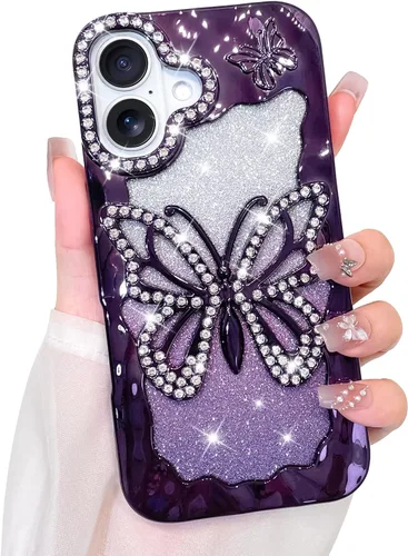 Vista 30 de Bonoma Funda con purpurina para iPhone 13 Pro Max, bonita funda 3D con patrón de chapado en degradado de mariposa de diamante, protección de cámara