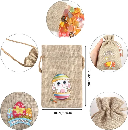 Vista 3 de LOKIPA 24 bolsas de arpillera de Pascua, bolsas de arpillera de yute de Pascua, bolsas pequeñas con cordones para recuerdos de fiesta de Pascua