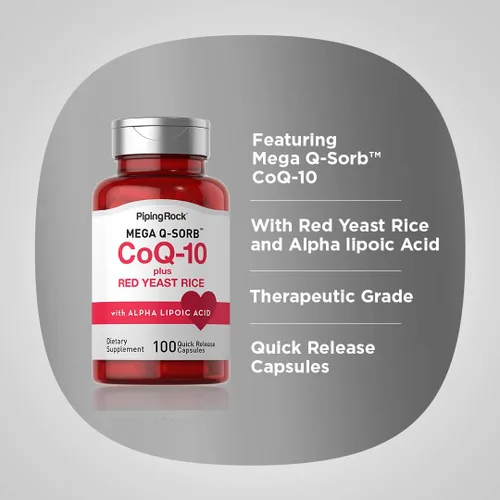Vista 4 de Piping Rock CoQ10 120mg 100 Cápsulas Con arroz de levadura roja y ácido alfa lipoico Mega Q-Sorb Coenzima Q10 Suplemento sin OMG, sin gluten