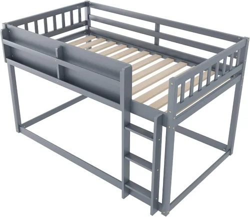 Vista 7 de Harper & Bright Designs Litera baja de madera maciza individual sobre individual para niños y jóvenes, marco de litera con barandillas y escalera