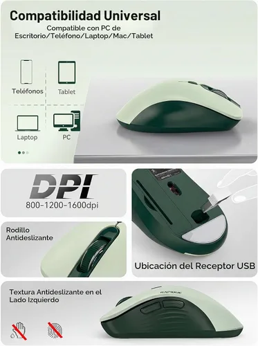 Vista 6 de RAPIQUE Ratón inalámbrico Bluetooth, Bluetooth dual y 2.4 GHz, verde Verde aguacate