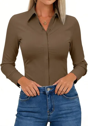 Vista 11 de Aoudery Button Down Shirts for Women Slim Fit Long Sleeve Stretch Dress Shirts Work Shirt Wrinkle Free