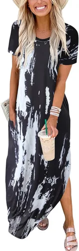 Vista 2 de ANRABESS - Vestido largo de playa de verano con bolsillos, suelto, informal, de manga corta, para mujer