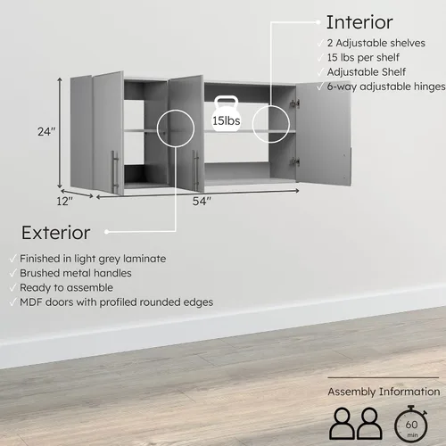 Vista 5 de Prepac Elite - Armario de pared de 54 pulgadas, armario de almacenamiento gris claro con 2 estantes ajustables, almacenamiento para despensa, cocina
