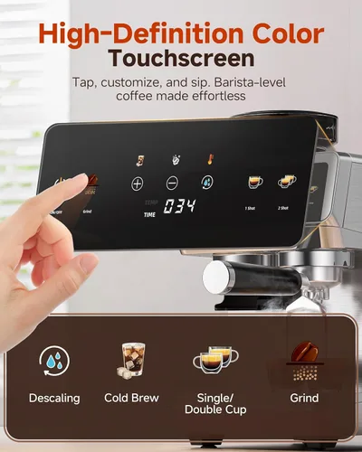 Vista 4 de AMZCHEF Máquina de café expreso con molinillo, control de temperatura de 190 ℉ a 201 ℉ con ajuste de molienda de 44 grados, espumador de leche