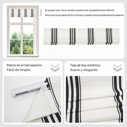 Vista 5 de Persianas romanas sin cordón, persianas romanas para ventanas con rayas negras de bloqueo total premium, persianas romanas personalizadas de tela