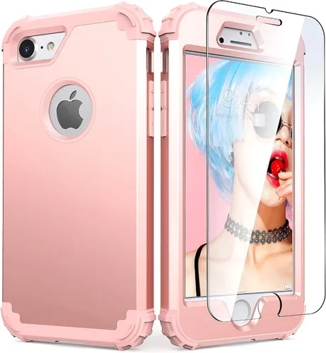 Vista 34 de IDweel Funda para iPhone 8 con Protector de Pantalla de Vidrio Templado, para iPhone 7, 3 en 1, Resistente a Golpes, Delgada, Híbrida, de Servicio