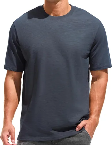 Vista 9 de KLIEGOU - Camiseta de cuello redondo para hombre, 100 % algodón, ajuste holgado, gruesa, de peso pesado