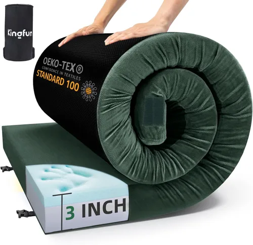 Vista 9 de Kingfun Colchón de espuma viscoelástica CertiPUR-US de 3 pulgadas, impermeable, enrollable, tapete grueso para dormir para tienda de campaña con Azul