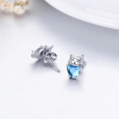 Vista 3 de Aretes de plata de ley 925 con diseño de gato, bonitos aretes de gato con diseño de gatito, joyería de regalo para mujeres y niñas, aretes