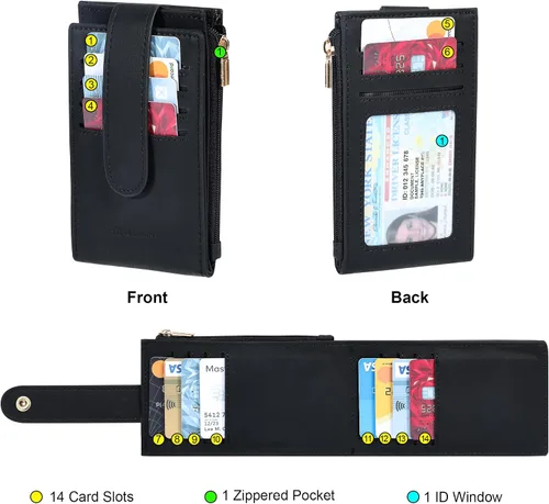 Vista 3 de Chelmon Cartera de mujer delgada con bloqueo RFID, billetera plegable con varios compartimientos para tarjetas con bolsillo con cremallera, Negro