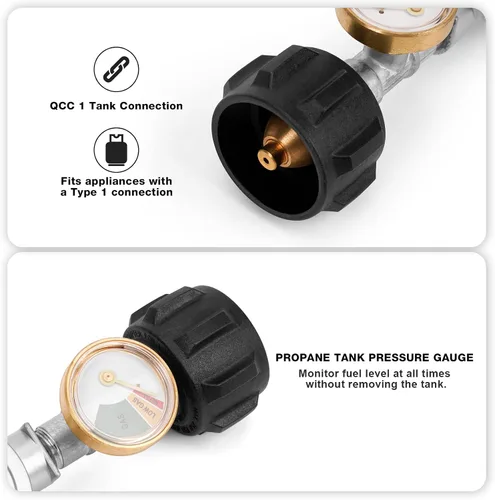 Vista 5 de only fire Regulador horizontal de propano de dos etapas con conexión QCC1 y medidor de tanque, accesorio NPT hembra de 3/8 pulgadas, funciona