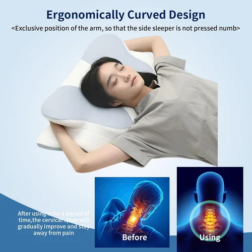 Vista 2 de Almohada ergonómica de espuma viscoelástica contorneada con tecnología de enfriamiento, diseño de soporte cervical (azul y blanco)
