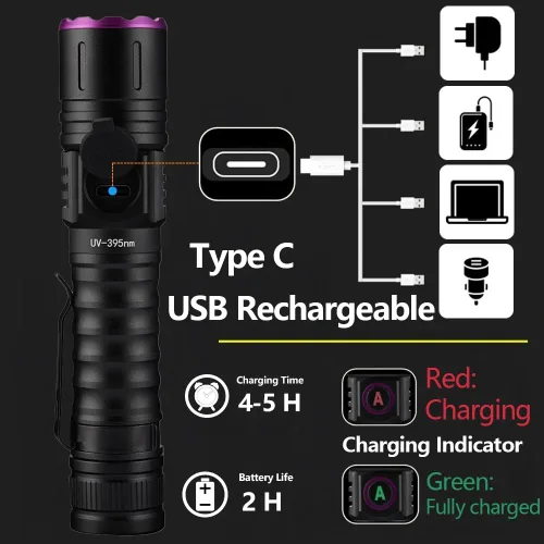 Vista 3 de ALONEFIRE SV87 395nm Linterna UV Zoom 5W Tipo C USB recargable luz negra detector de dinero para curado de resina, detección de orina de mascotas