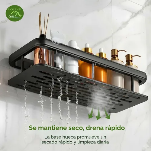 Vista 6 de EVALAND Paquete de 2 soportes adhesivos para ducha con ganchos y barra para toallas, color negro, estantes de ducha de baño de alta calidad