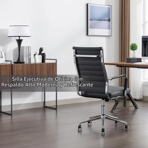 Vista 4 de Silla de escritorio de oficina de cuero, sillas de sala de conferencias con ruedas, silla ejecutiva moderna de respaldo alto, ergonómica, giratoria