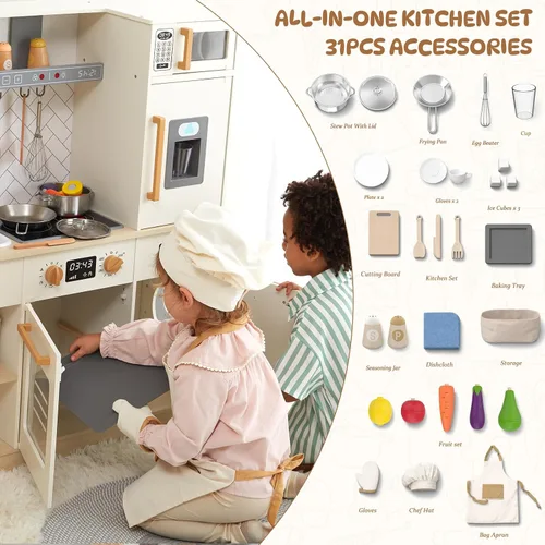 Vista 3 de Freniland Cocina de juego de madera, juego de cocina para niños con luz y sonido reales, máquina de hielo realista, estufa y horno, juguete