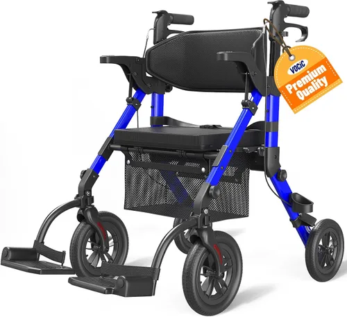 Vista 10 de VOCIC Andadores para personas mayores, andador con ruedas con asiento, silla de ruedas transportable ligera plegable, andador rodante para adultos