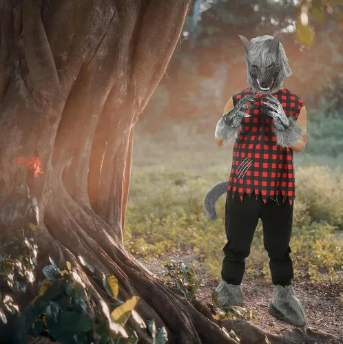 Vista 7 de Paquete de 6 disfraces de hombre lobo de Halloween para adultos, sin mangas, capucha de hombre lobo, guantes de lobo, cola y pierna, colmillos