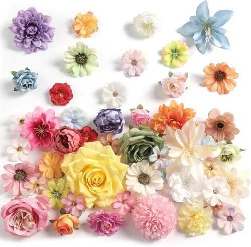 Vista 12 de rongflower Cabezas de flores falsas para manualidades, rosas artificiales de seda negra, peonías, margaritas y cabezas florales (paquete de 48)