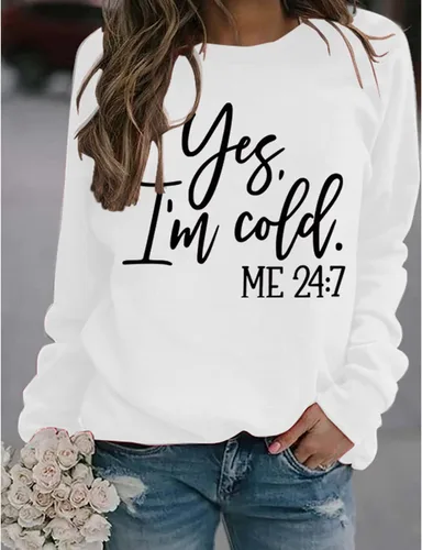 Vista 3 de Sudadera estampada con texto en inglés "I'm Yes Cold Me 247", de manga larga, cuello redondo, con letras, informal, holgada, para mujer