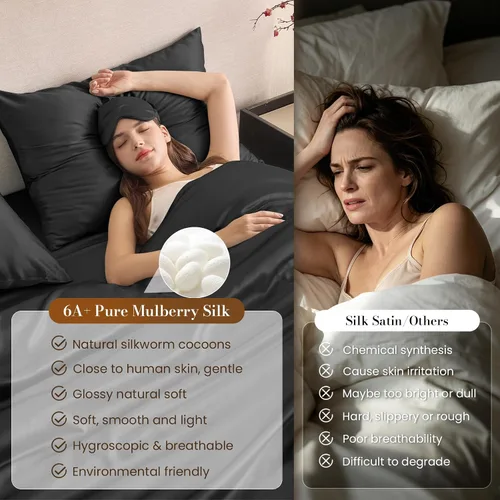 Vista 3 de THXSILK Juego de funda de edredón de seda de morera 100% pura de 3 piezas, ropa de cama de lujo ultra suave de grado 6A+, sábanas de seda