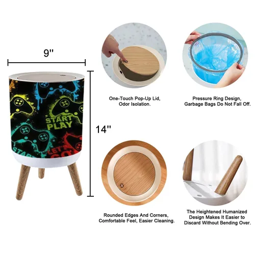 Vista 2 de Bote de basura redondo con tapa de prensa, sin costuras, abstracto con siluetas coloridas, juego de joystick para niños, cubo de basura pequeño a